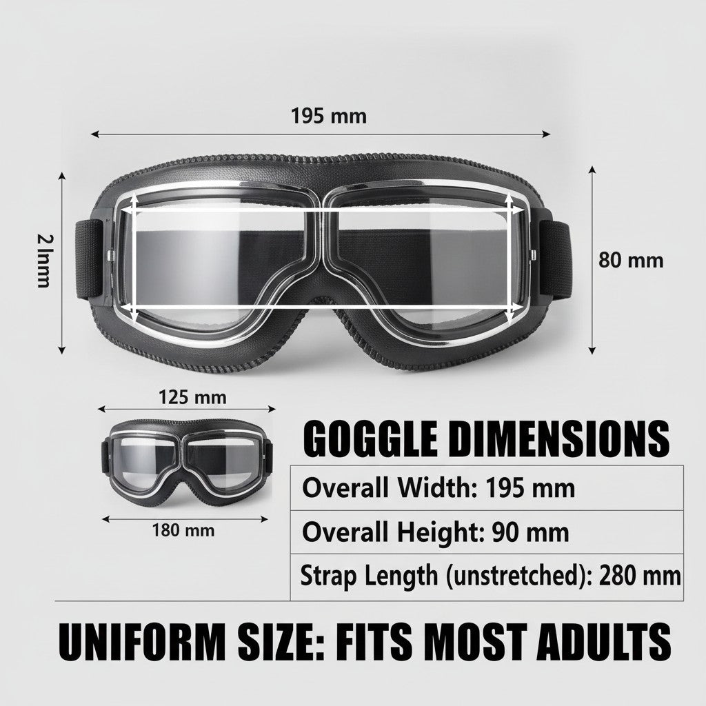 retro motorcycle goggles dimensions and size guide