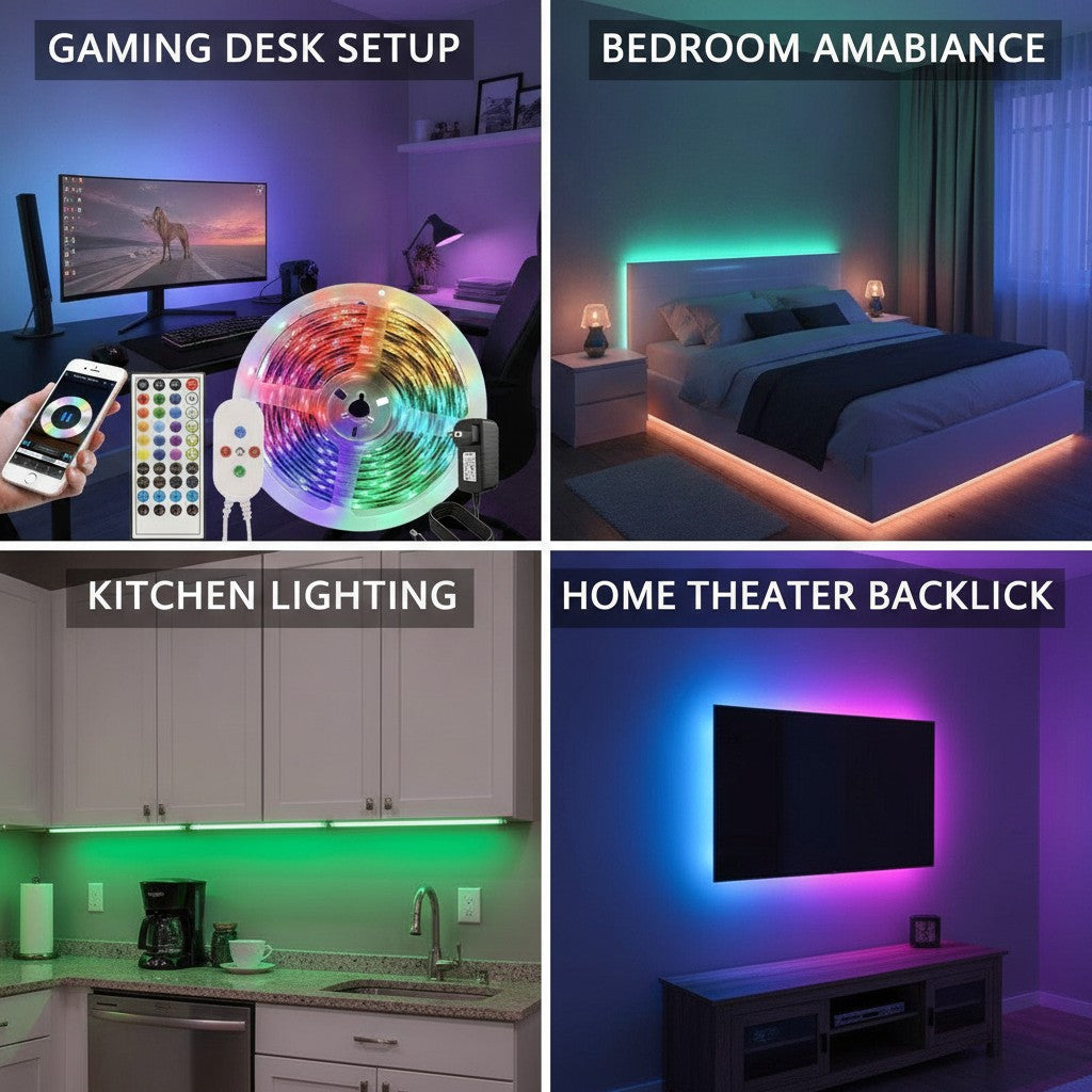 rgb led strip kit shown in multiple settings