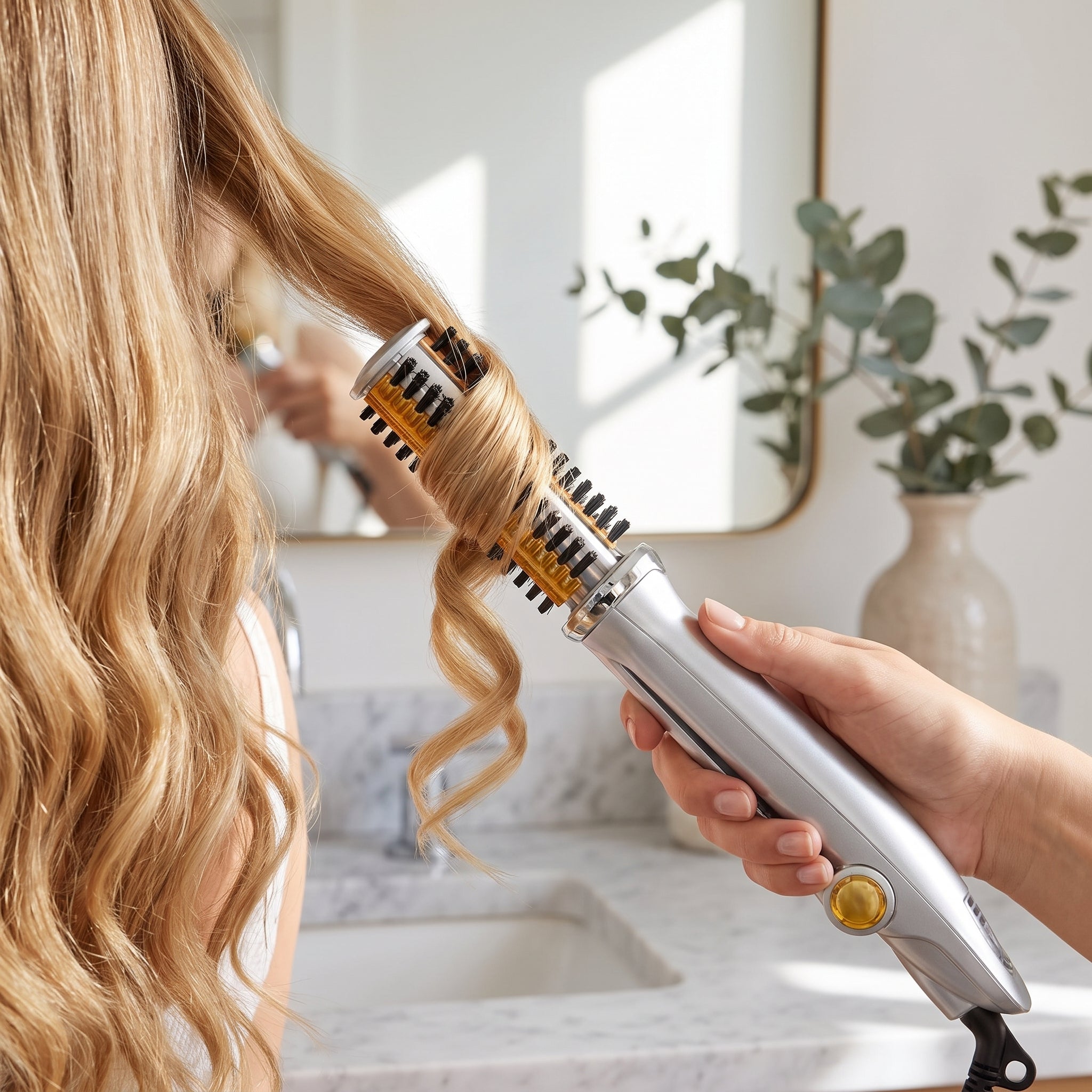 Hair Curler Heated Styler Rotating Barrel Brush Silver Gold Black - in-use