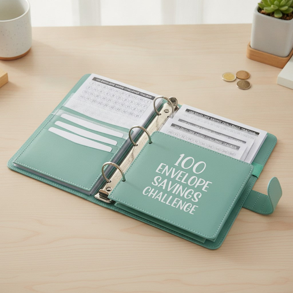 savings challenge binder in use, lifestyle scene