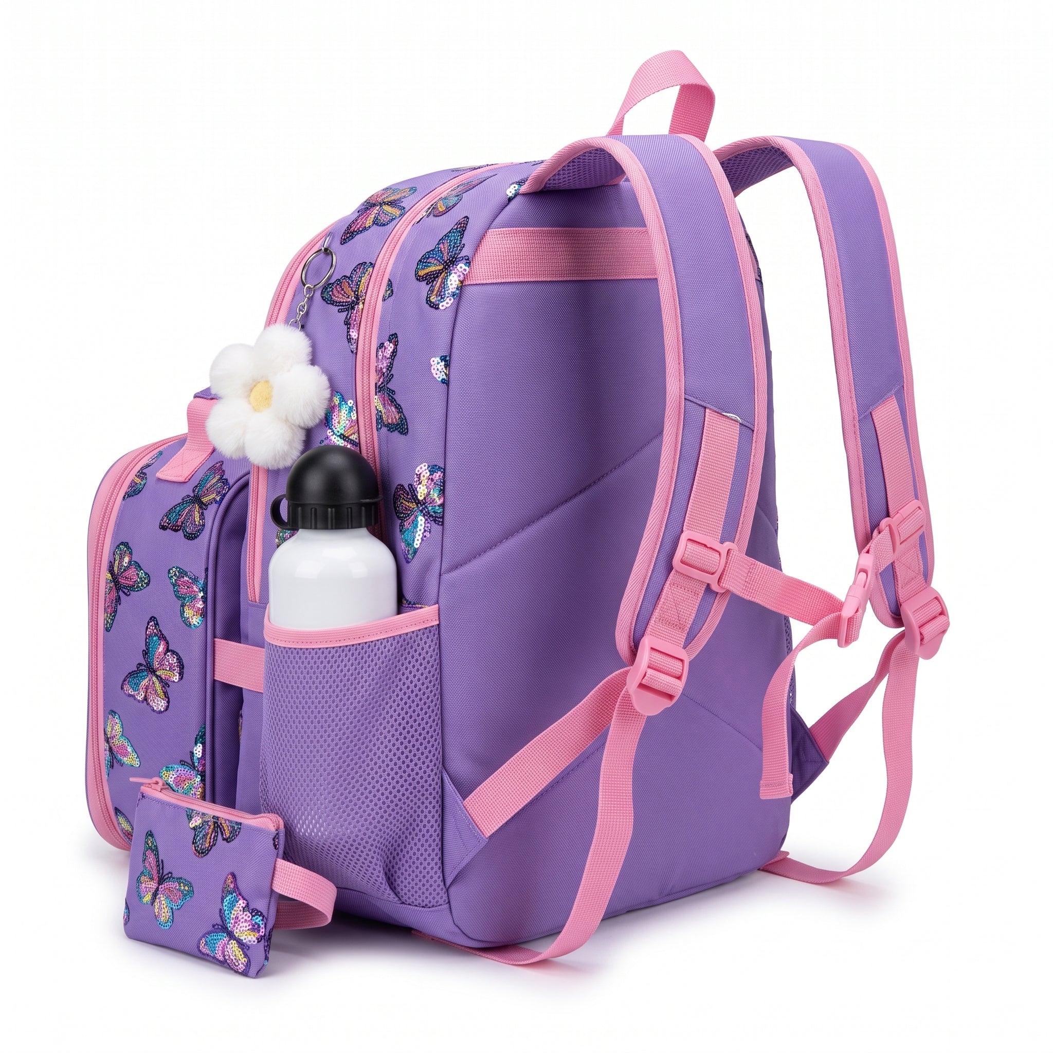 Kids Backpack Girls with Lunch Bag Purple Butterfly Set - angle