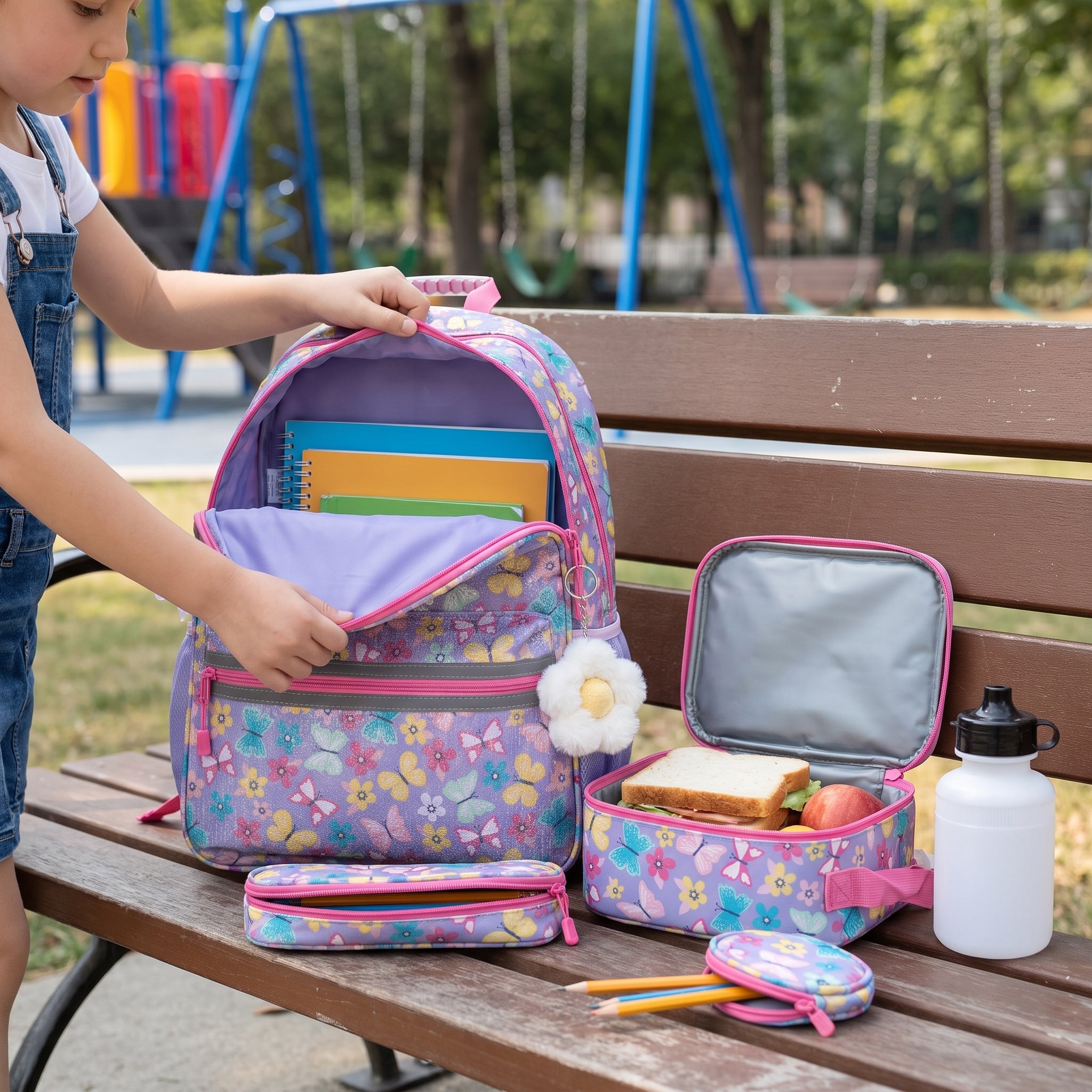 Kids Backpack Girls with Lunch Bag Purple Butterfly Set - hero