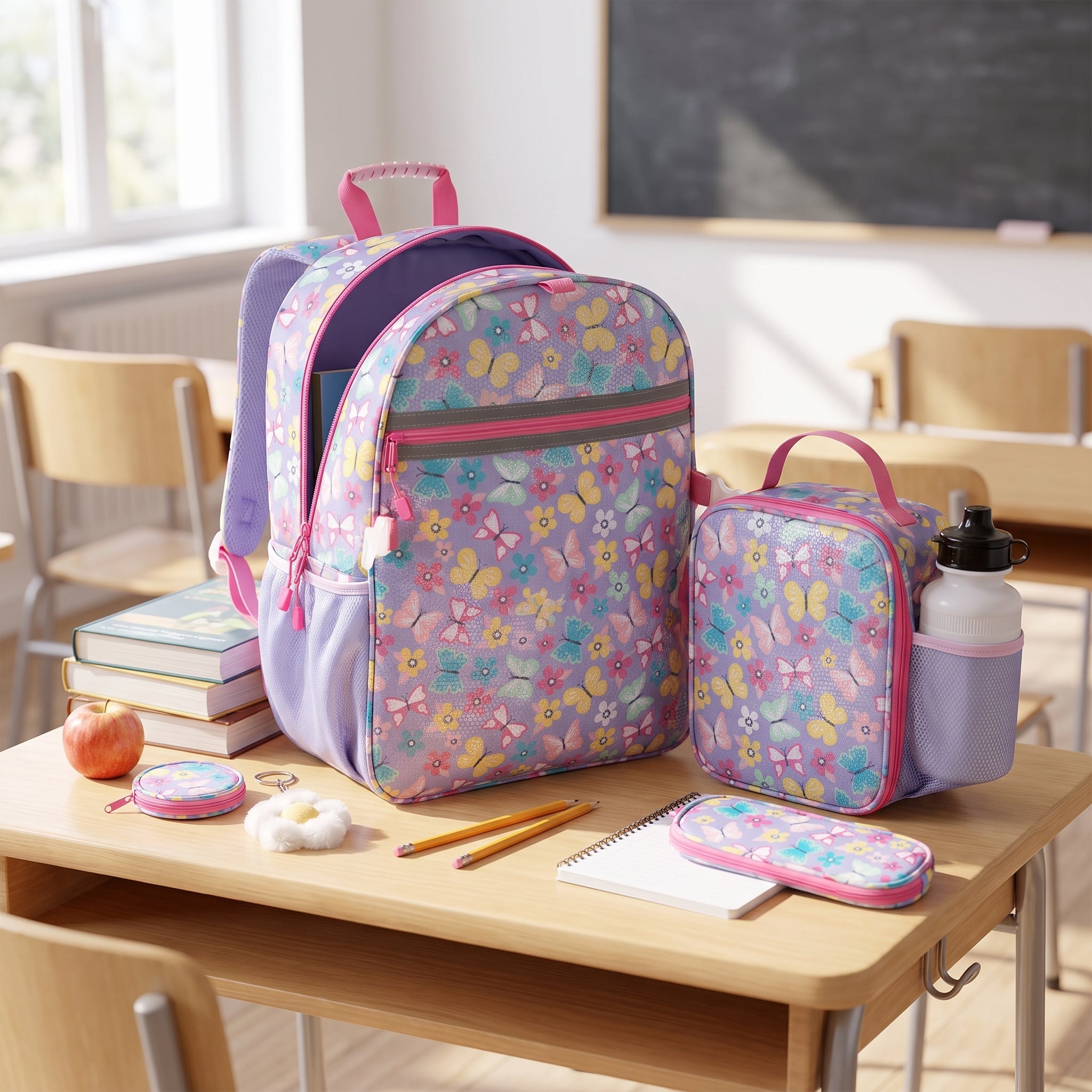 Kids Backpack Girls with Lunch Bag Purple Butterfly Set - in-use