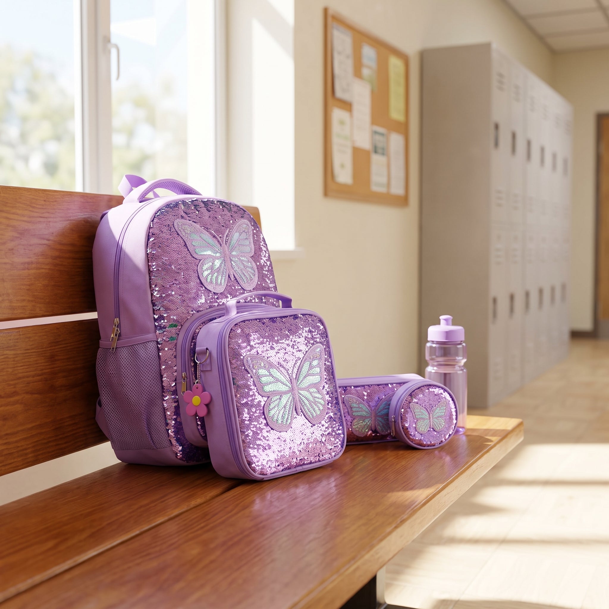Kids Backpack Girls with Lunch Bag Purple Butterfly Set - in-use