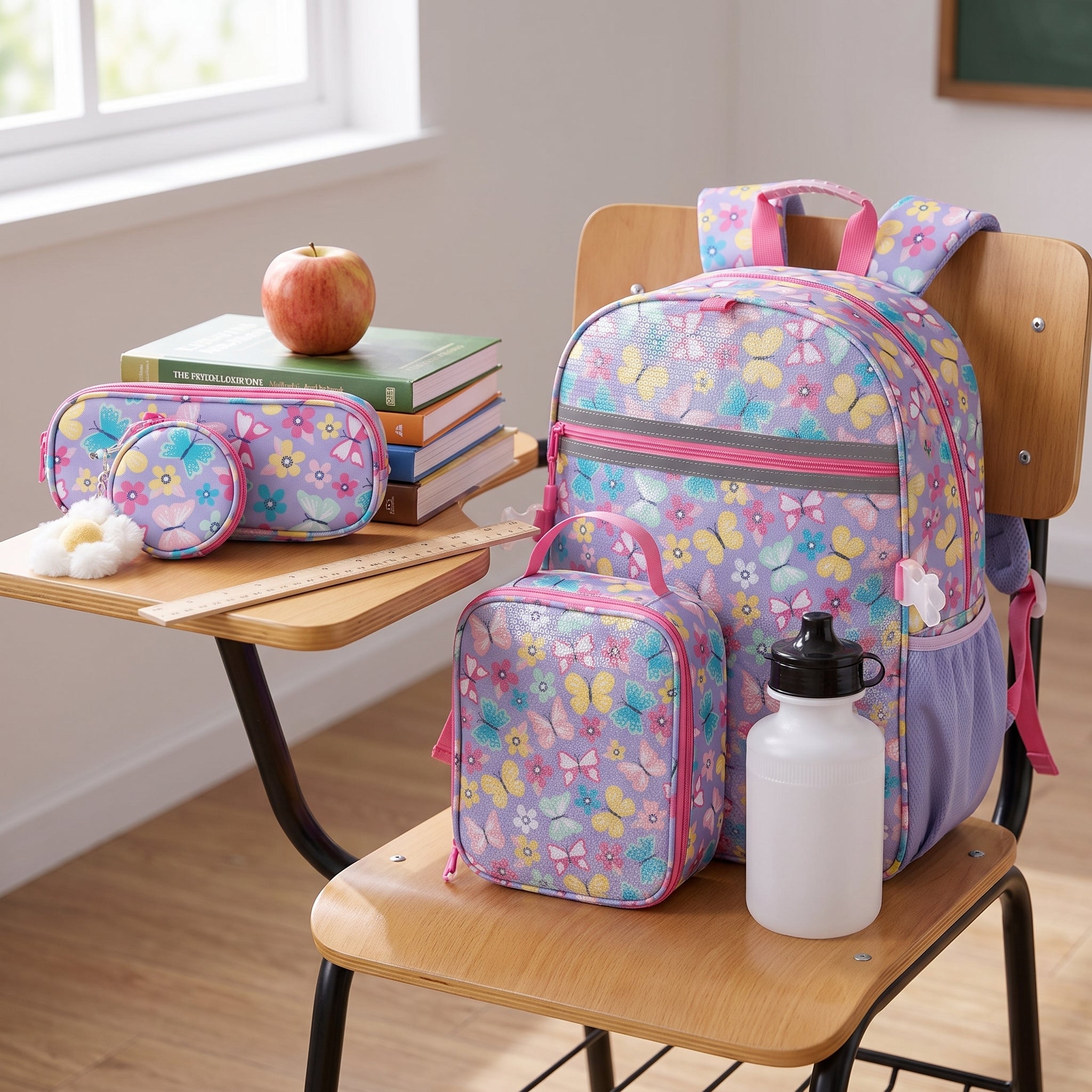 Kids Backpack Girls with Lunch Bag Purple Butterfly Set - scale