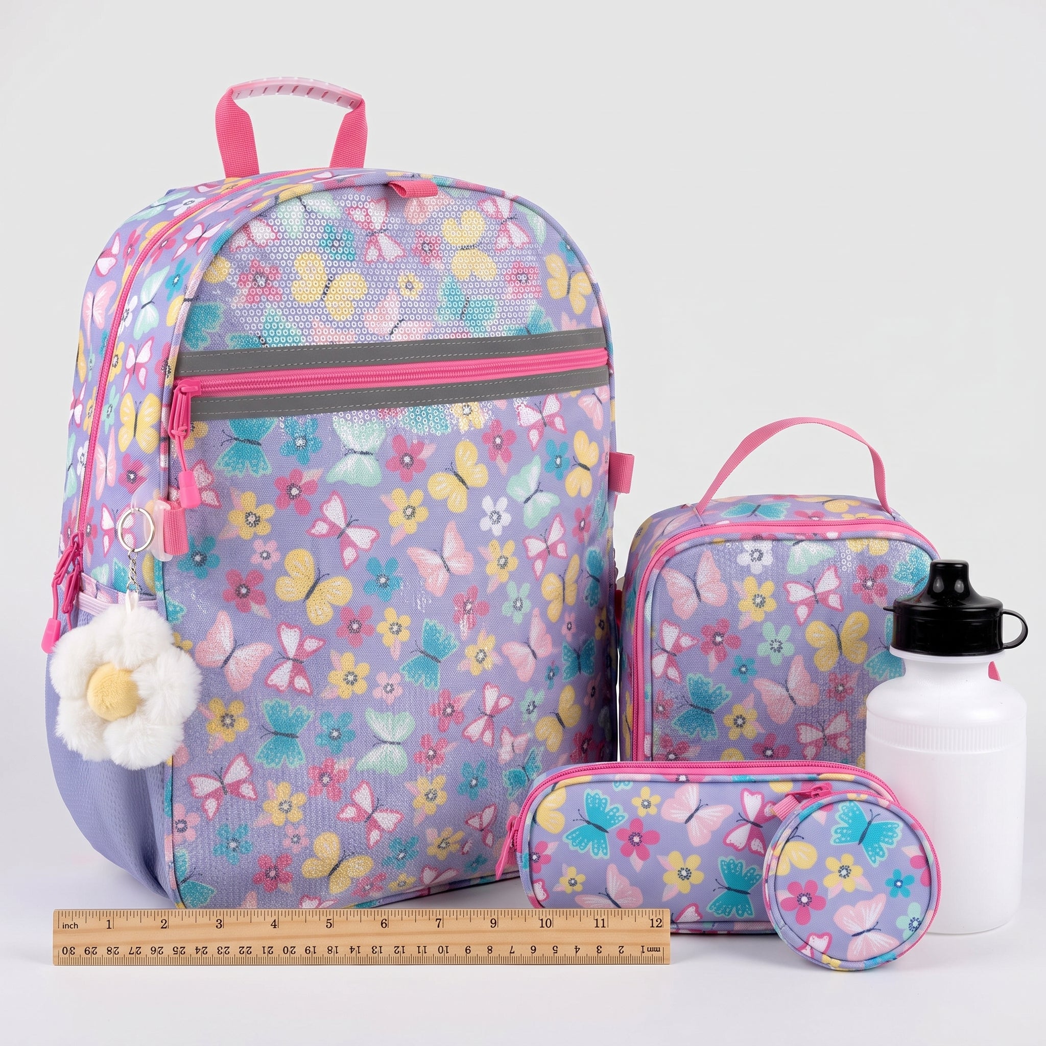 Kids Backpack Girls with Lunch Bag Purple Butterfly Set - scale