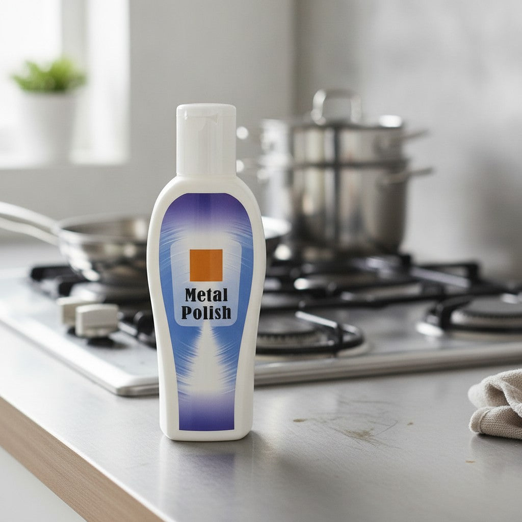 metal polish cream bottle in use, lifestyle scene