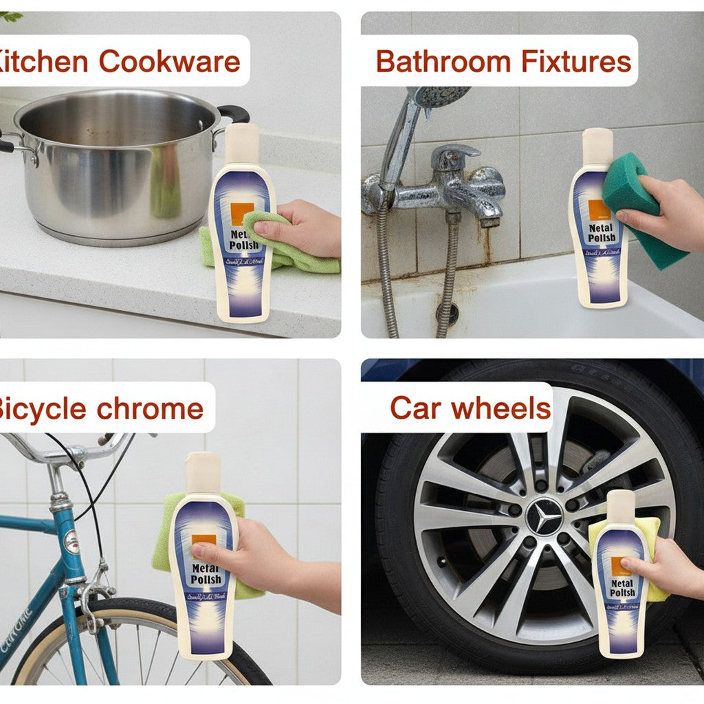 metal polish cream bottle shown in multiple settings