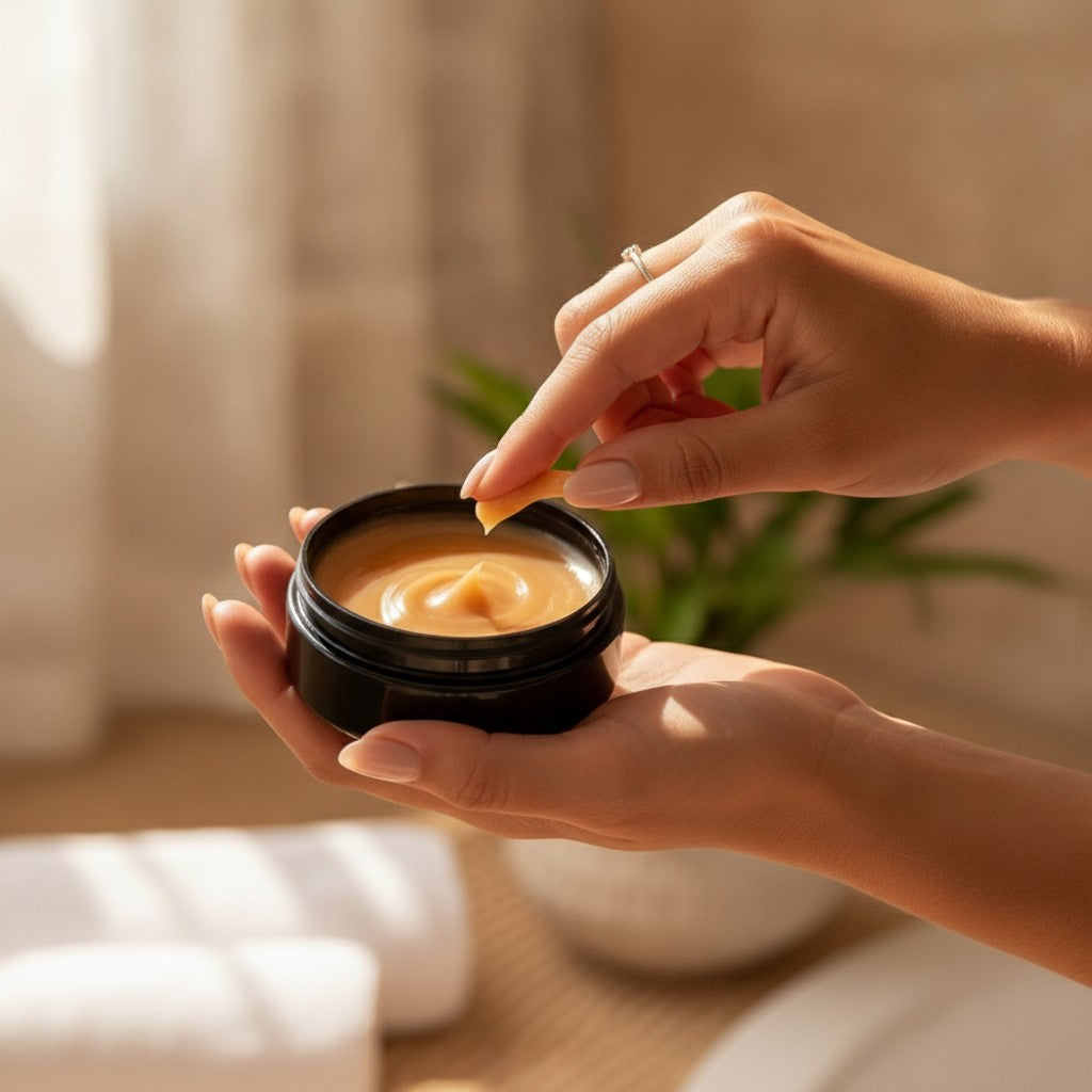 self tanning gel jar in use, lifestyle scene