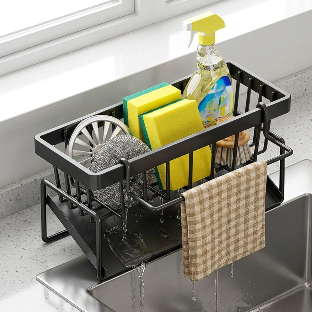 Sink Caddy Kitchen Sink Organizer Multi-Compartment Rack Towel Bar - Image 2