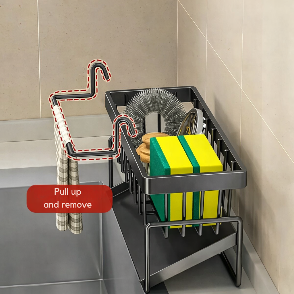 Sink Caddy Kitchen Sink Organizer Multi-Compartment Rack Towel Bar - Image 4