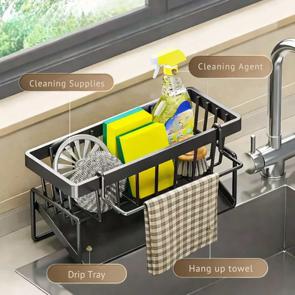 Sink Caddy Kitchen Sink Organizer Multi-Compartment Rack Towel Bar - Image 5