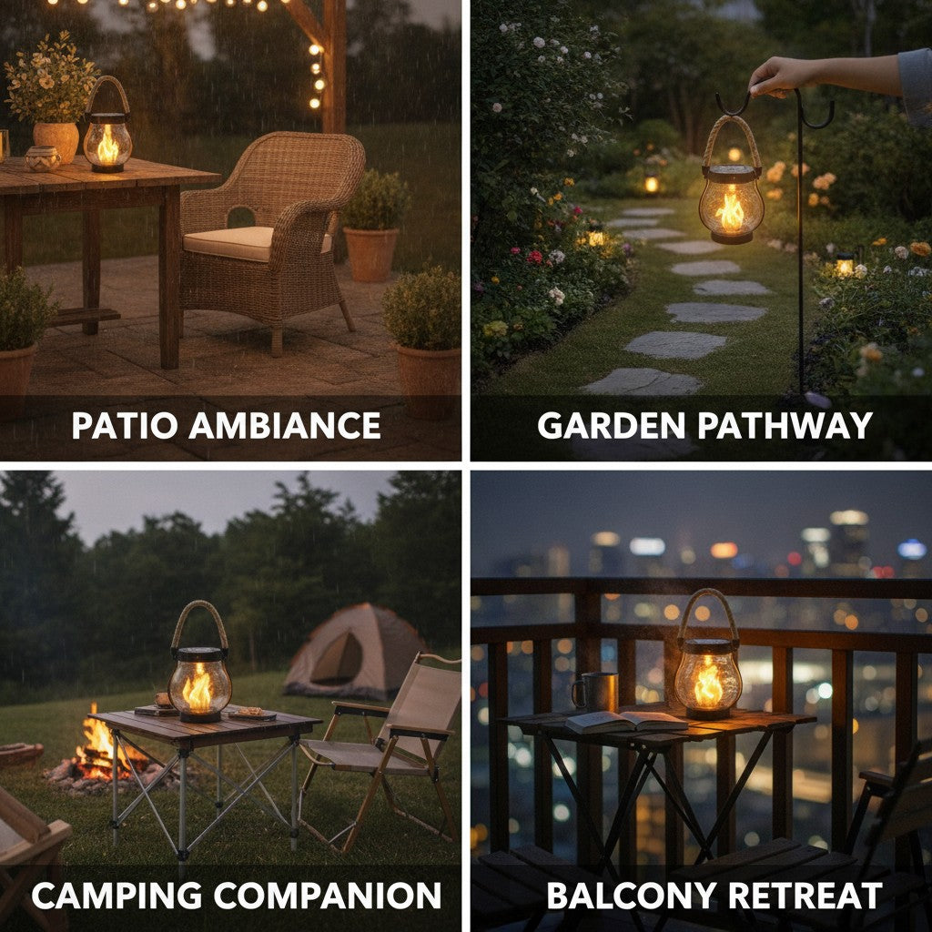 solar flame lantern shown in multiple settings