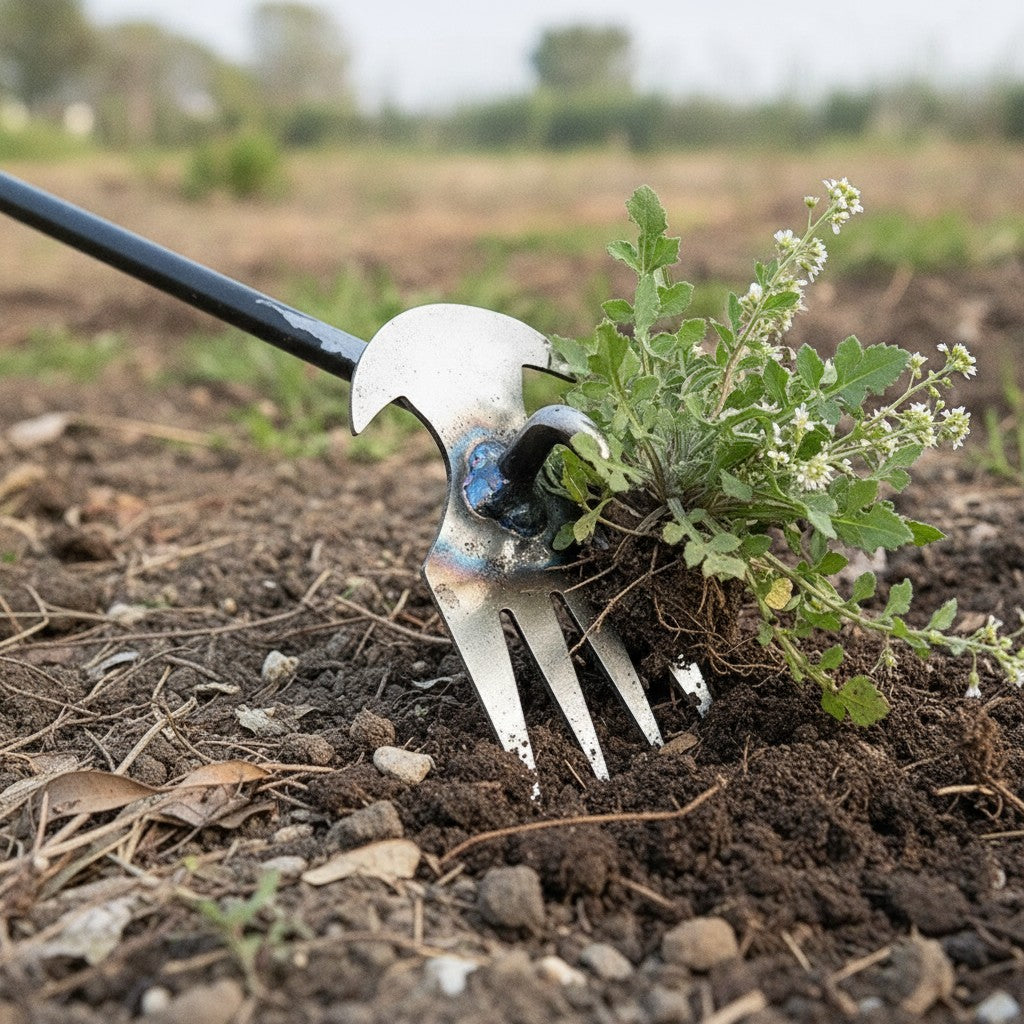 hand weeding tool in use, lifestyle scene