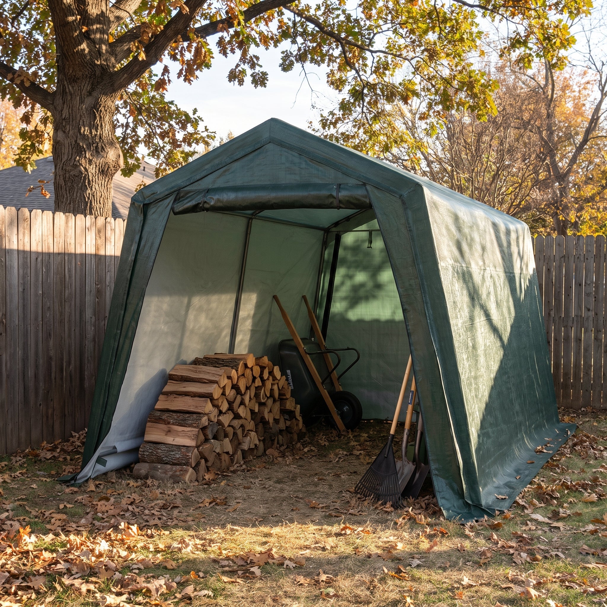 Dark Green Canopy Tent Outdoor Storage 10x10 Portable Garage - in-use