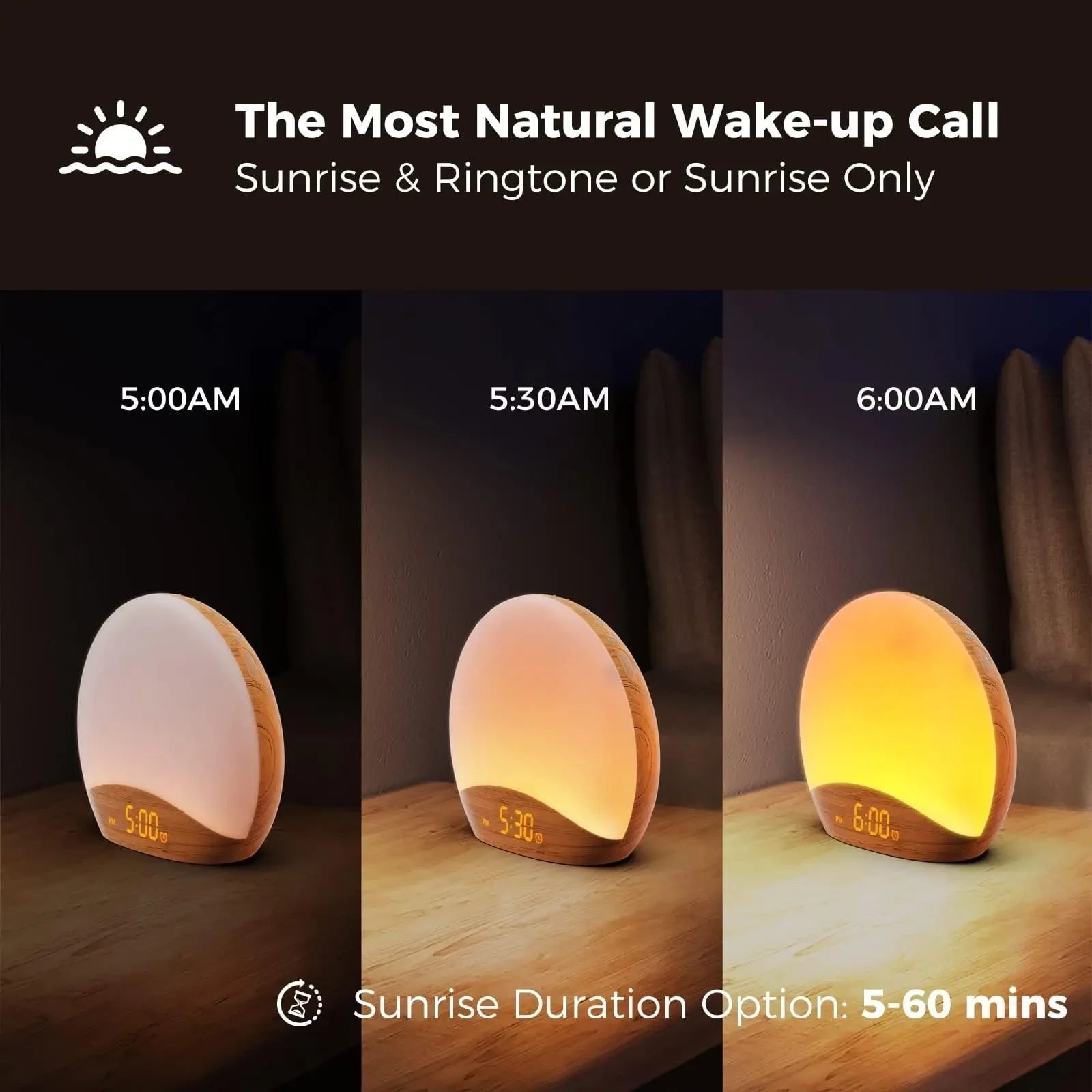 Sunrise Alarm Clock in Wood Grain with Sound Machine, 26 Sleep Sounds & Night Light — image 2
