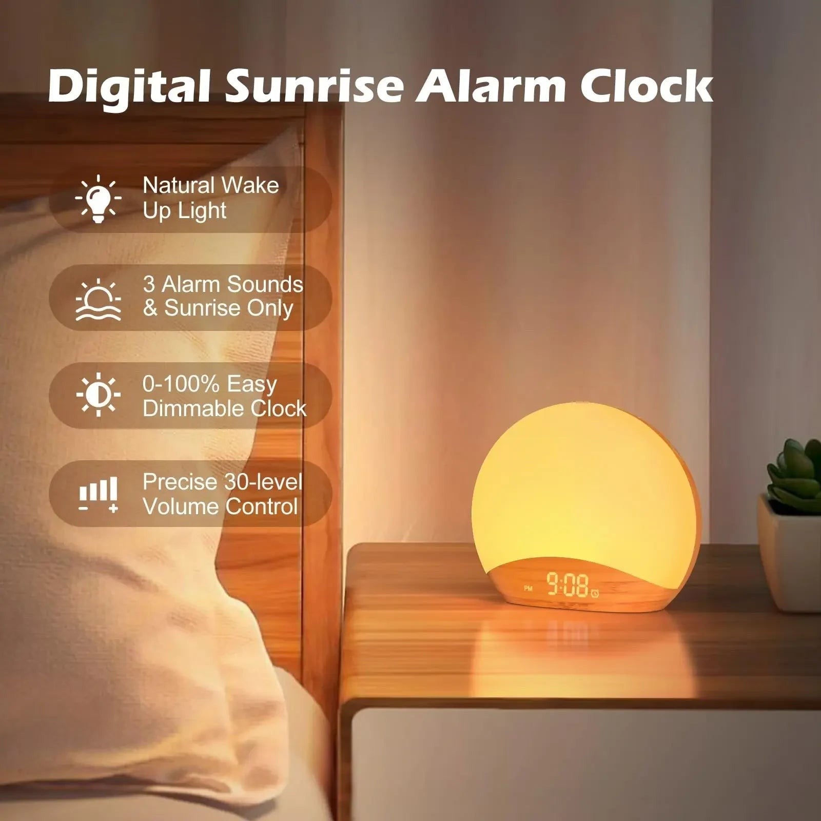 Sunrise Alarm Clock in Wood Grain with Sound Machine, 26 Sleep Sounds & Night Light — image 3