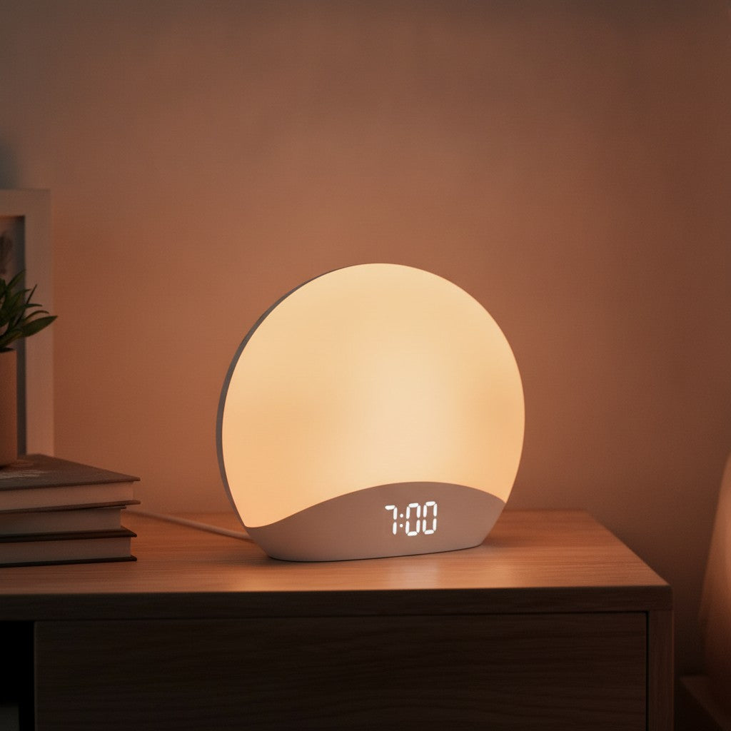 sunrise alarm clock in use, lifestyle scene