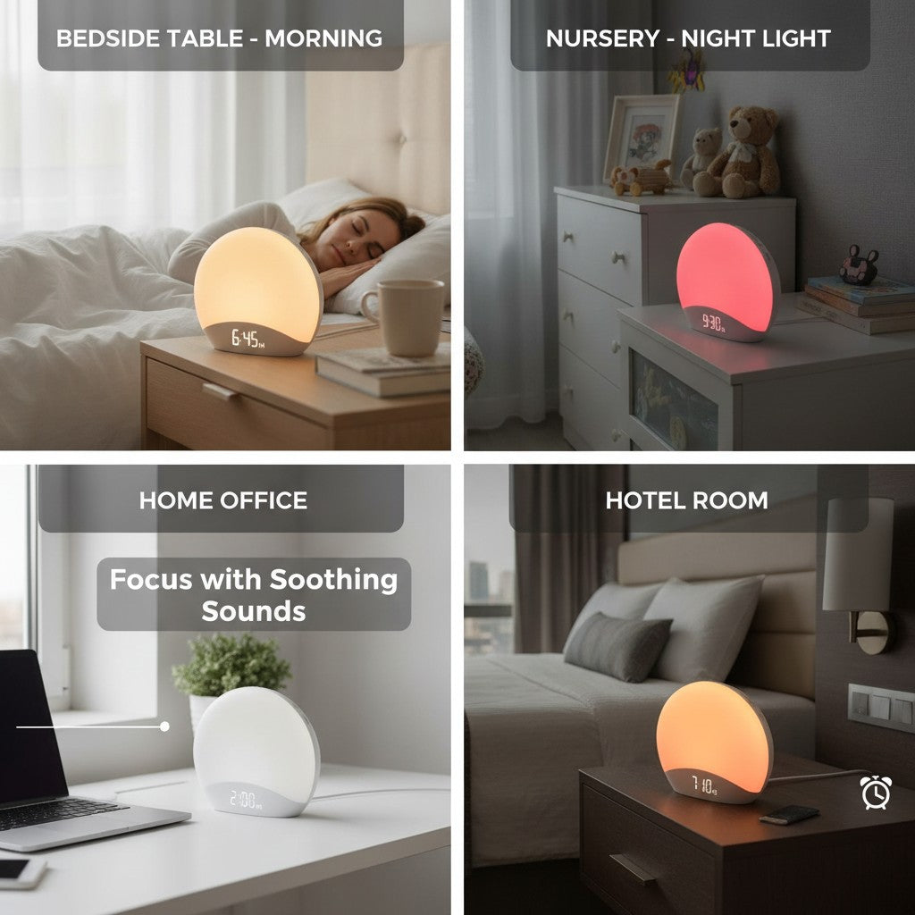 sunrise alarm clock shown in multiple settings