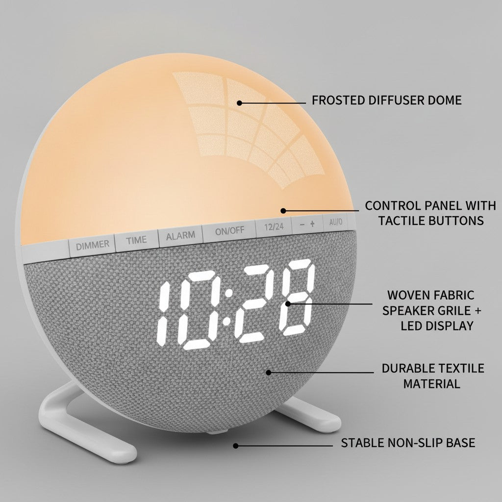 sunrise alarm clock close-up construction and materials