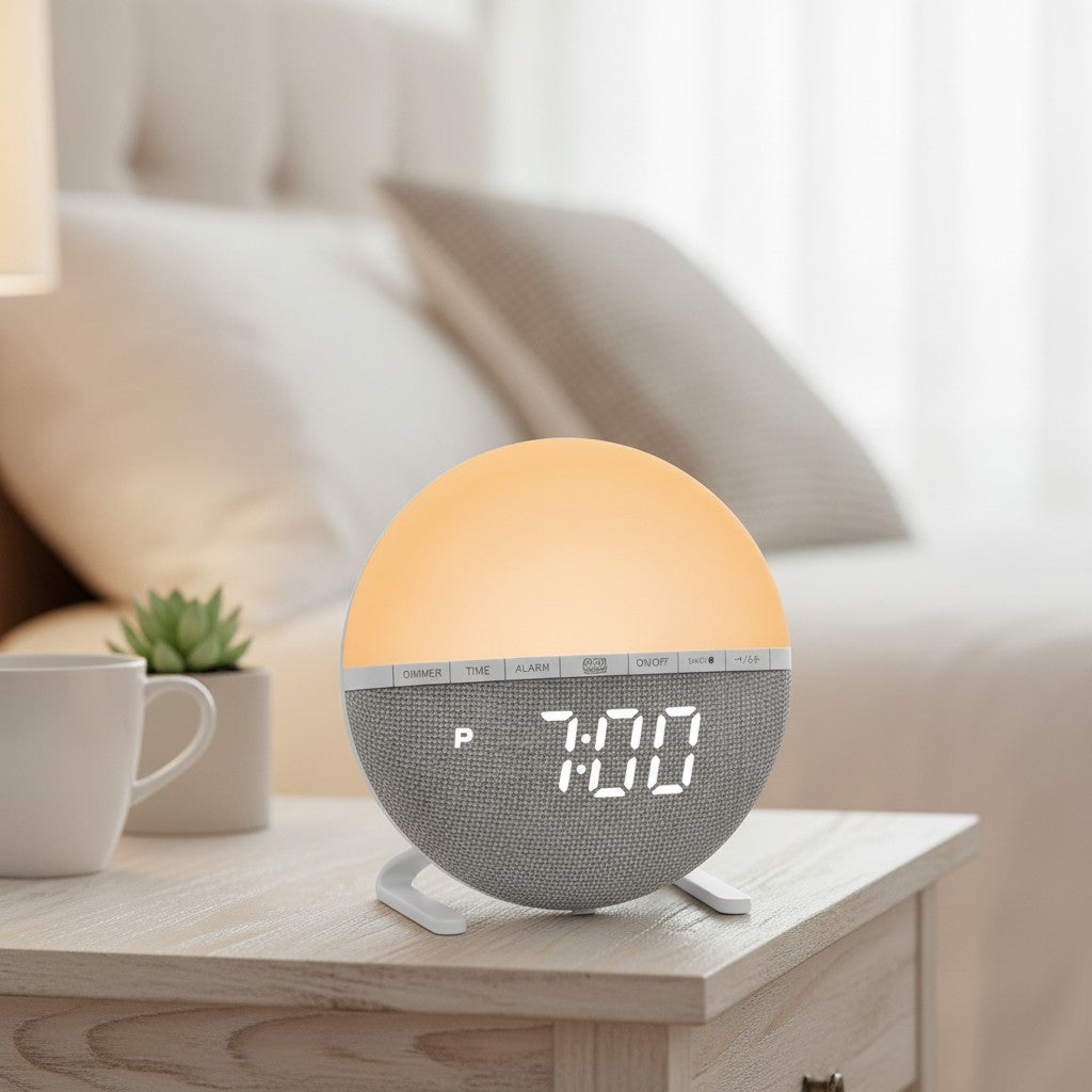 sunrise alarm clock in use, lifestyle scene