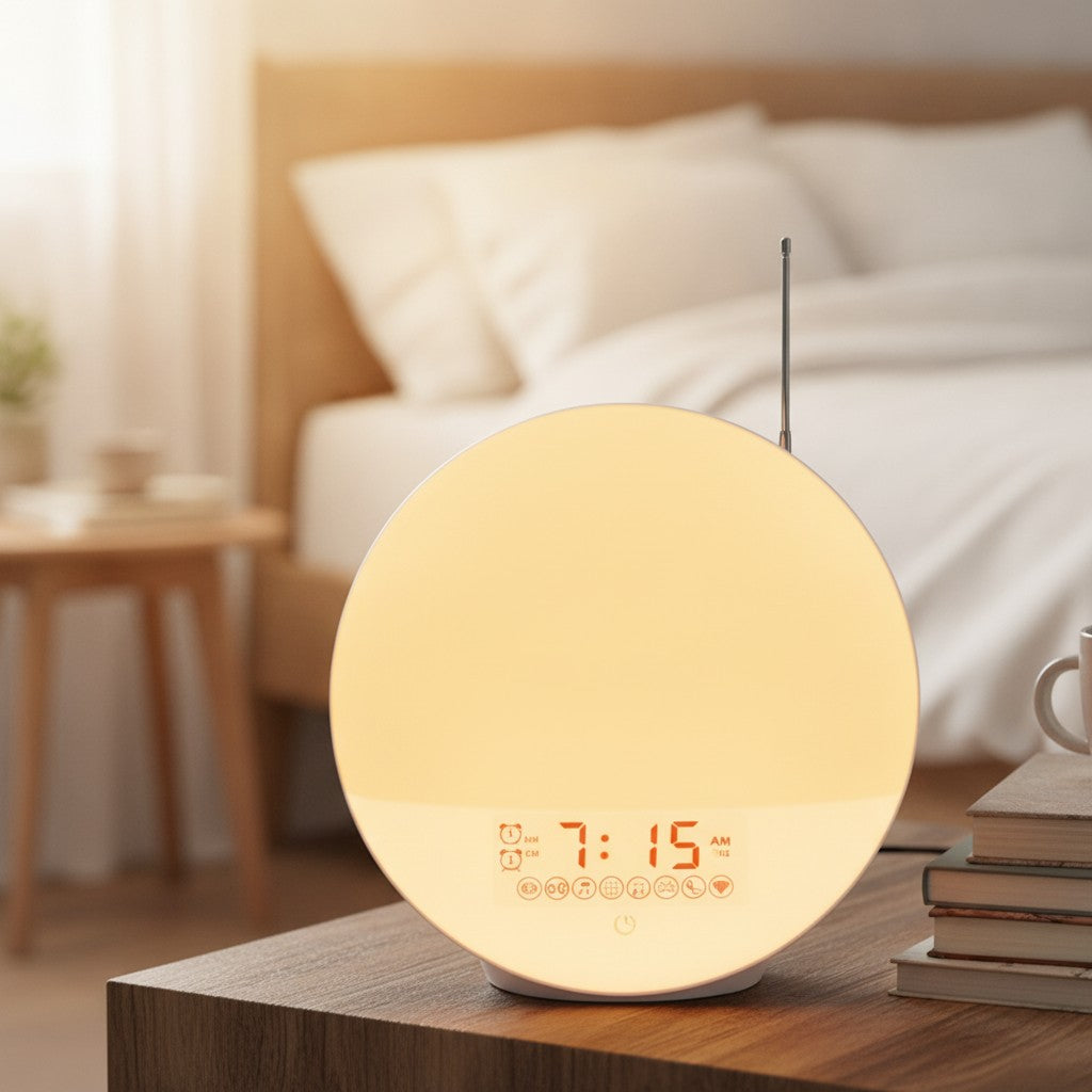 sunrise alarm clock in use, lifestyle scene
