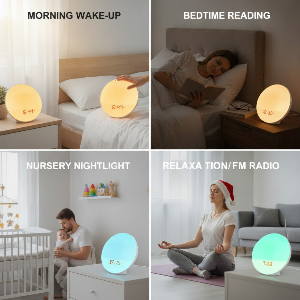 sunrise alarm clock shown in multiple settings