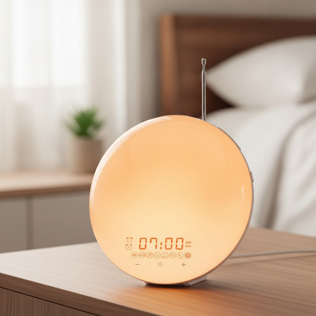 sunrise alarm clock in use, lifestyle scene