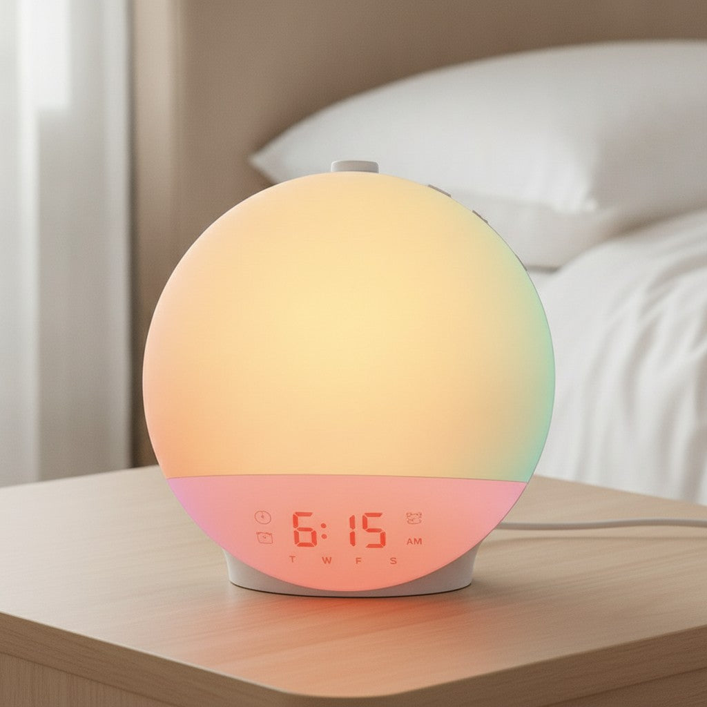 sunrise alarm clock in use, lifestyle scene