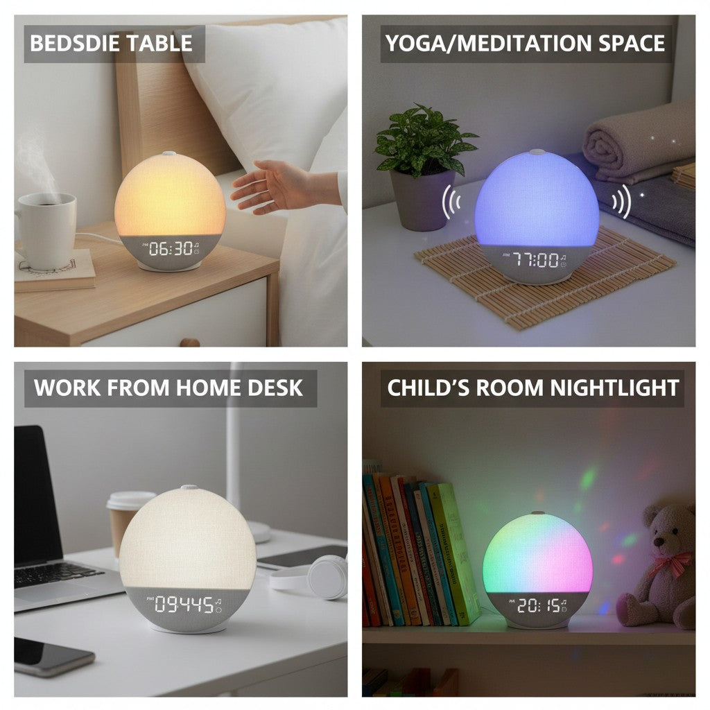 sunrise alarm clock shown in multiple settings