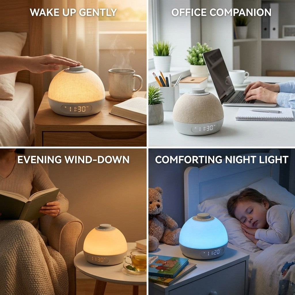 sunrise alarm clock shown in multiple settings
