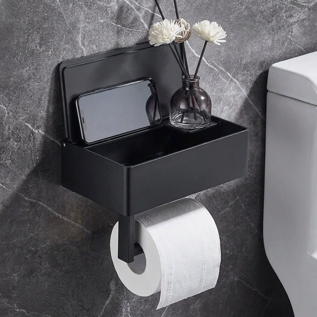 Toilet Paper Holder Wall Mount Toilet Paper Holder Shelf Matte Black - Image 3