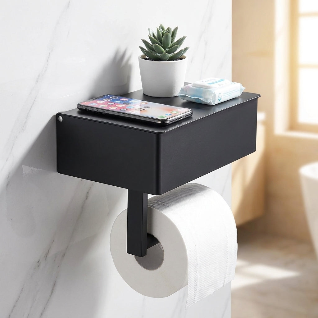 Toilet Paper Holder Wall Mount Toilet Paper Holder Shelf Matte Black - Image 4