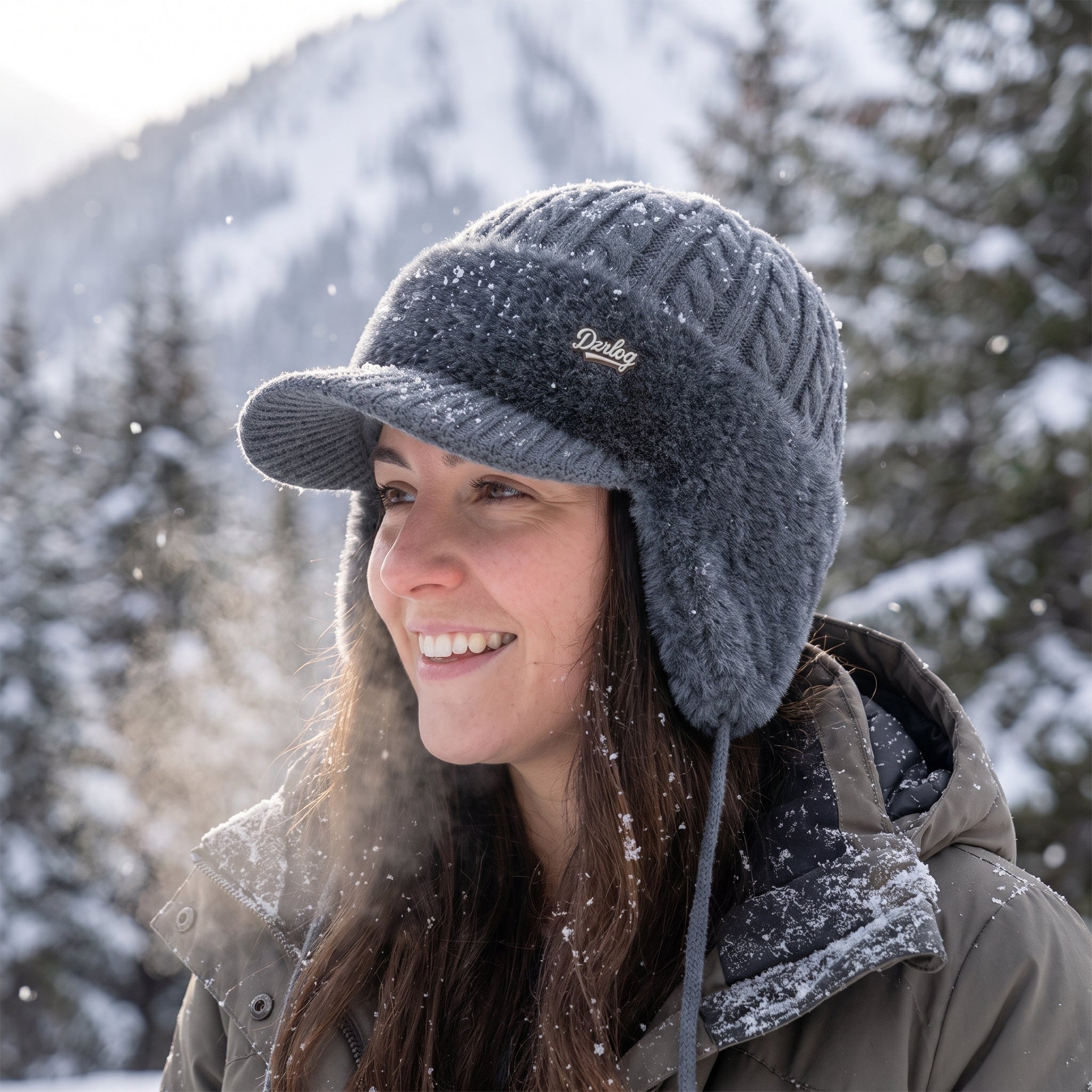 Snow Hat Aviator Knitted Faux Fur Trim Ear Flaps Hunter - in-use