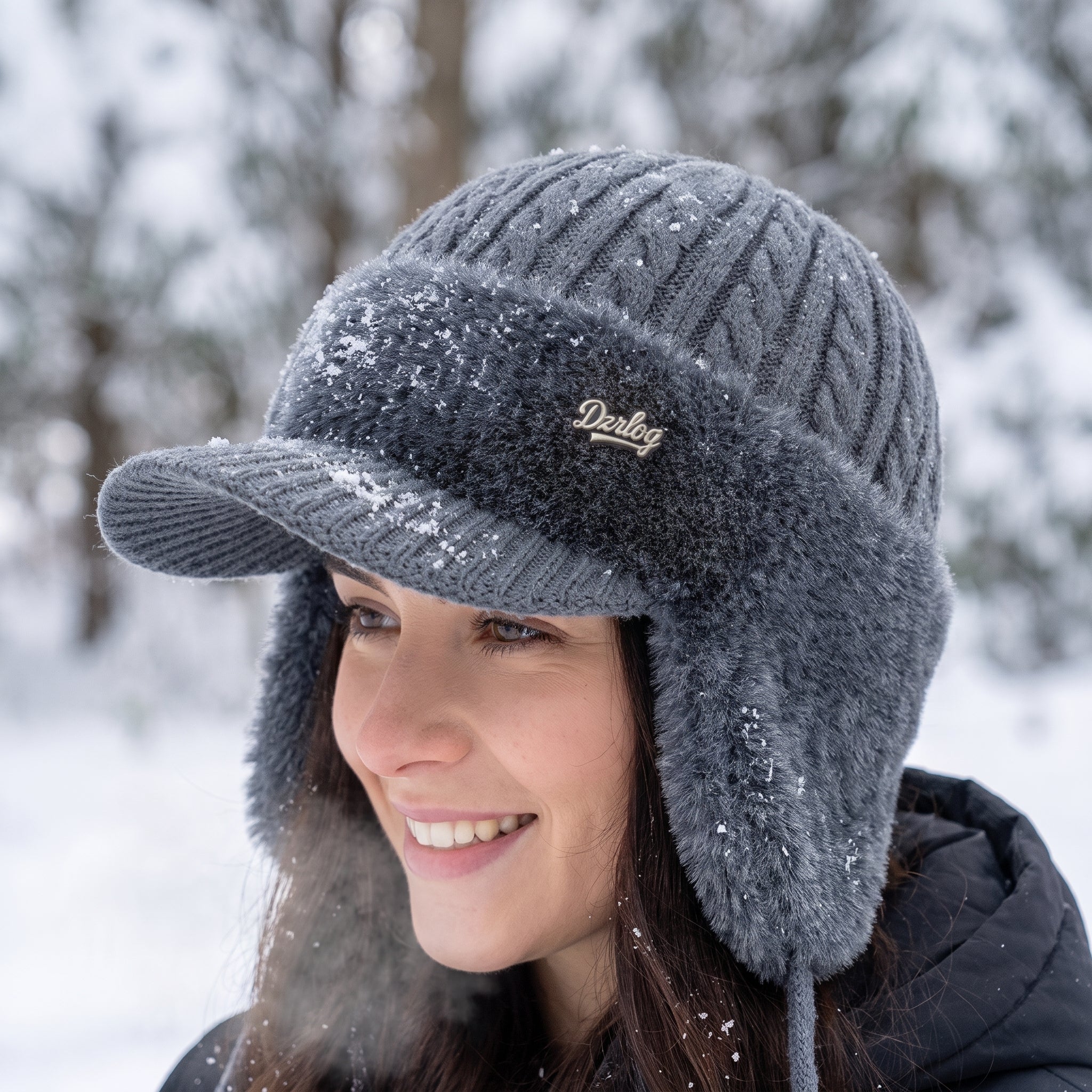 Snow Hat Aviator Knitted Faux Fur Trim Ear Flaps Hunter - in-use