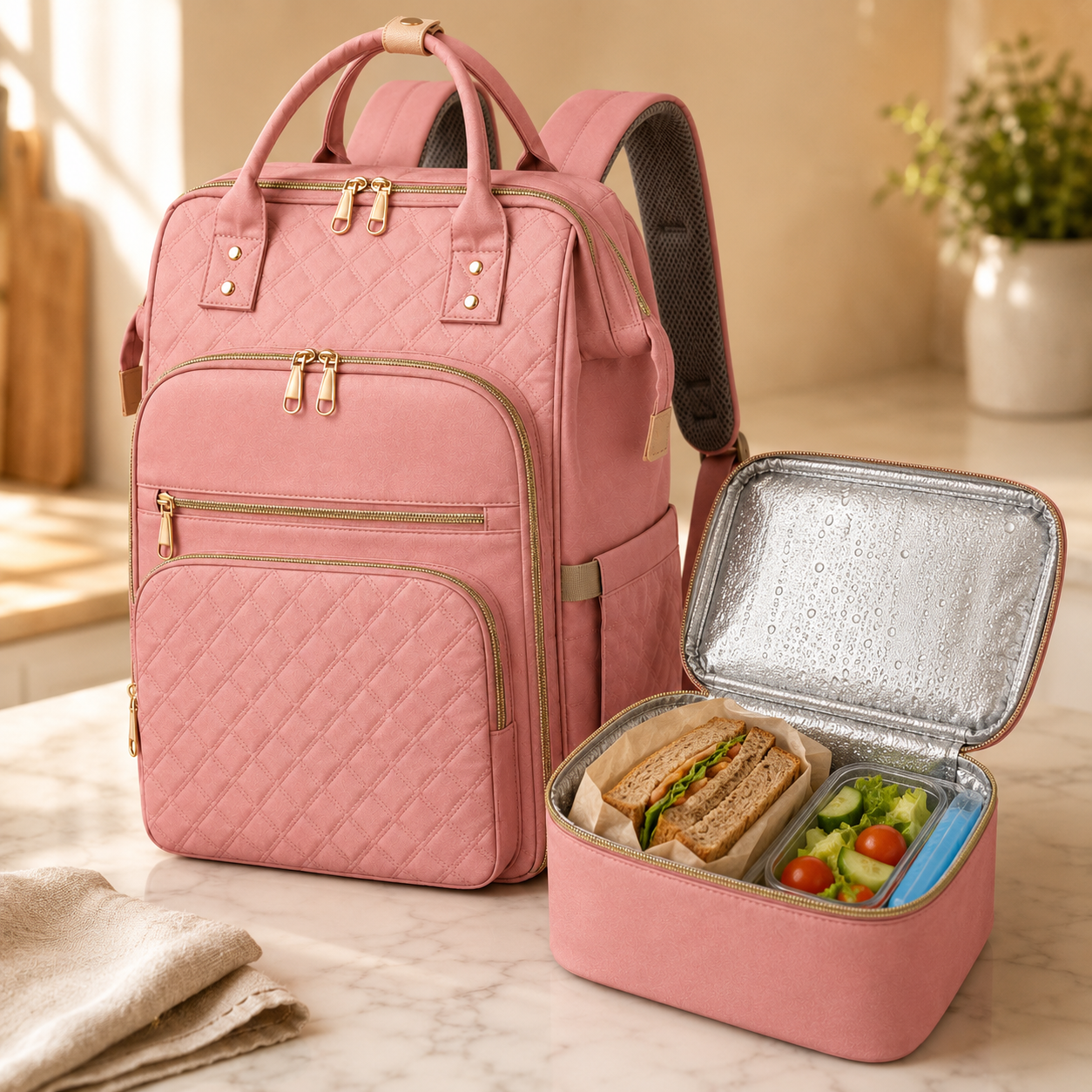 Travel Backpack Backpack with Laptop Quilted Lunch Box Set - Image 4