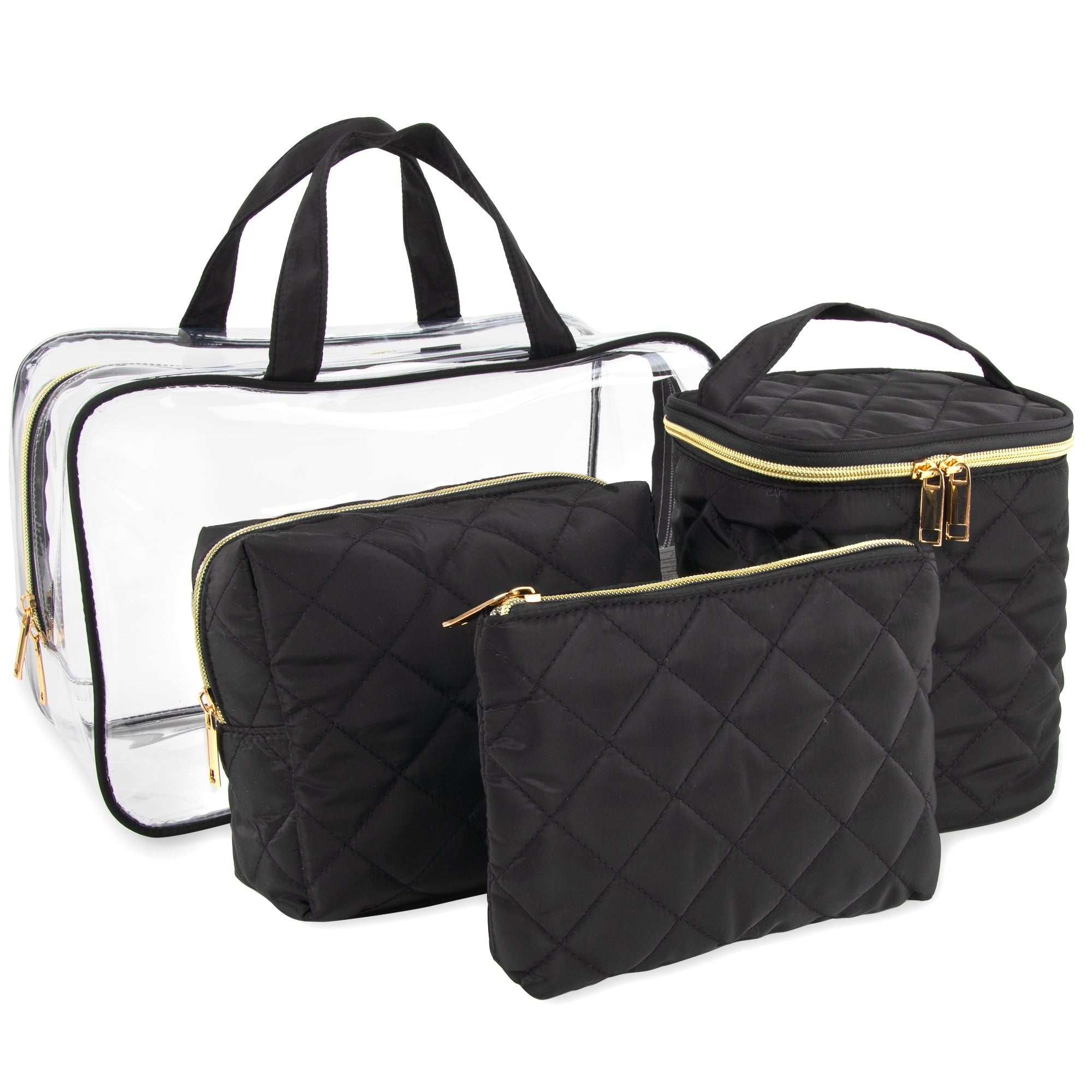 Travel Bag Cosmetic Organizer Clear Black Quilted Makeup Case Set - Image 1