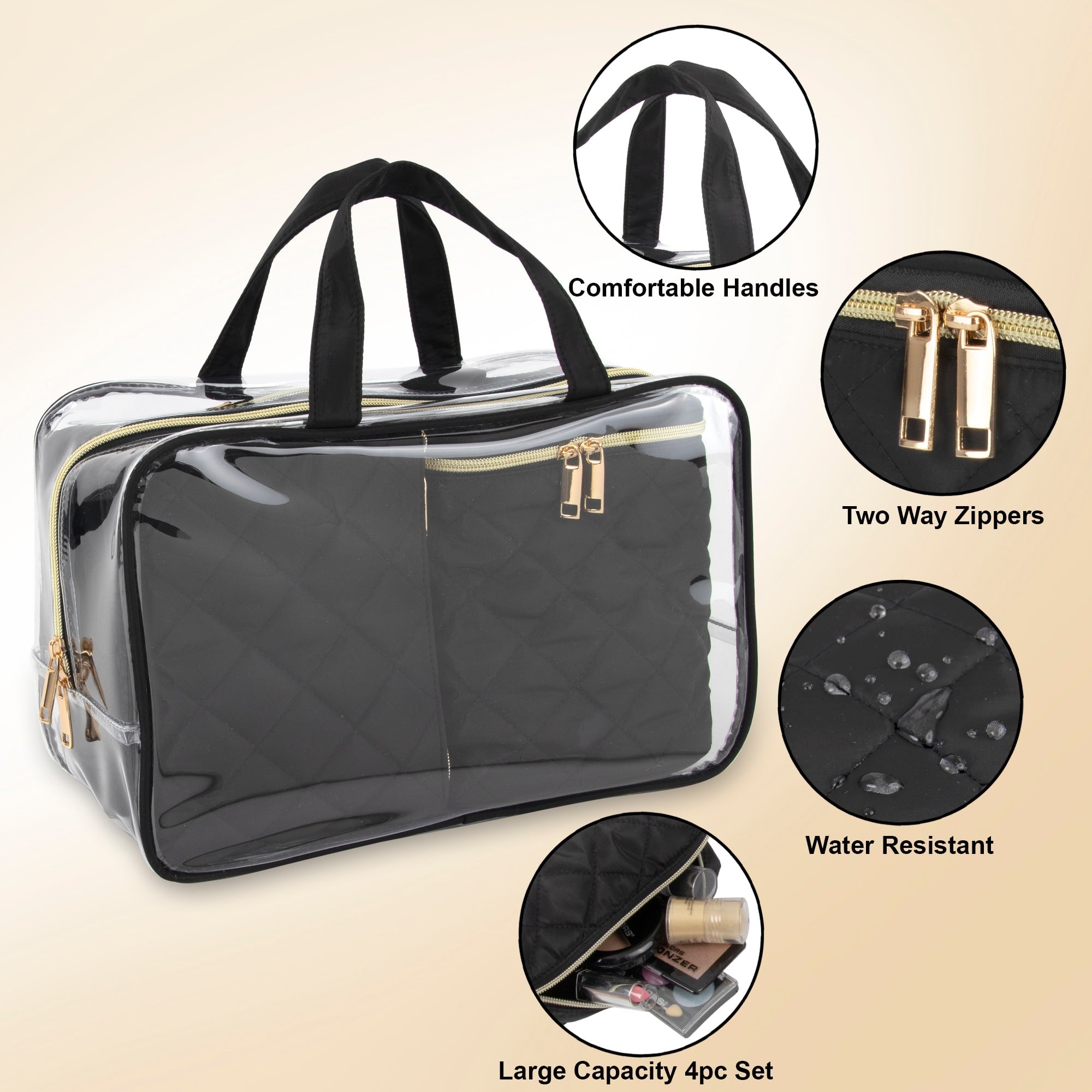 Travel Bag Cosmetic Organizer Clear Black Quilted Makeup Case Set - Image 2