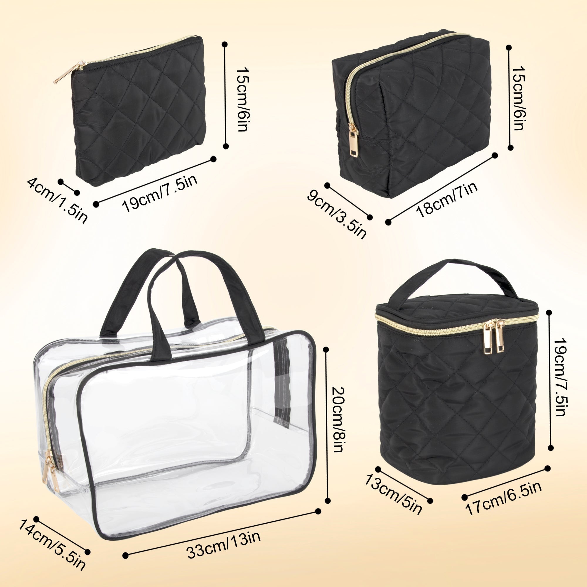 Travel Bag Cosmetic Organizer Clear Black Quilted Makeup Case Set - Image 6