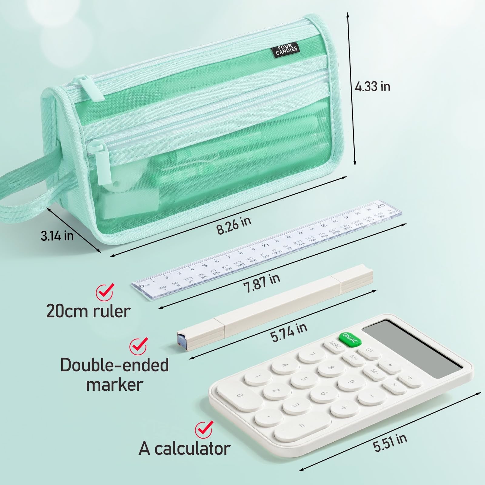 Travel Bag Cute Pen Case Mint Green Mesh Double Layer Zippered Pouch - Image 2