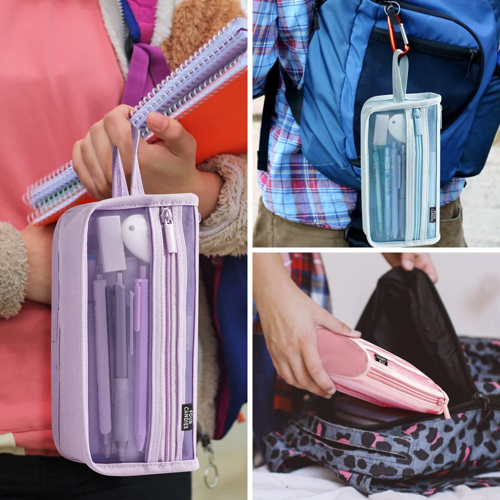 Travel Bag Cute Pen Case Mint Green Mesh Double Layer Zippered Pouch - Image 7