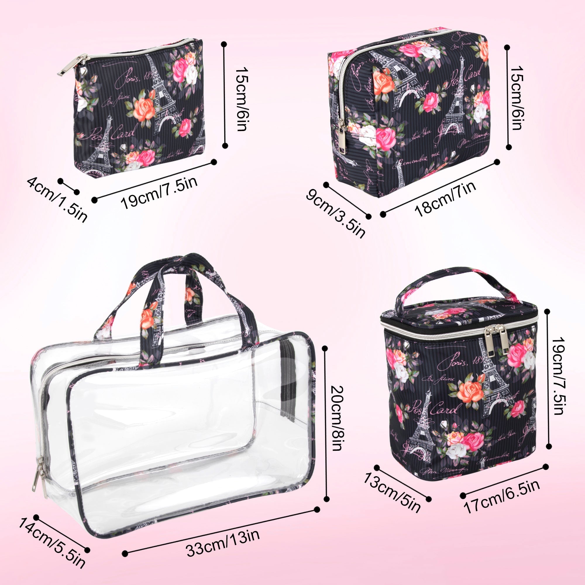 Travel Bag Makeup Cosmetic Set Clear Black Floral 4 Piece - Image 2