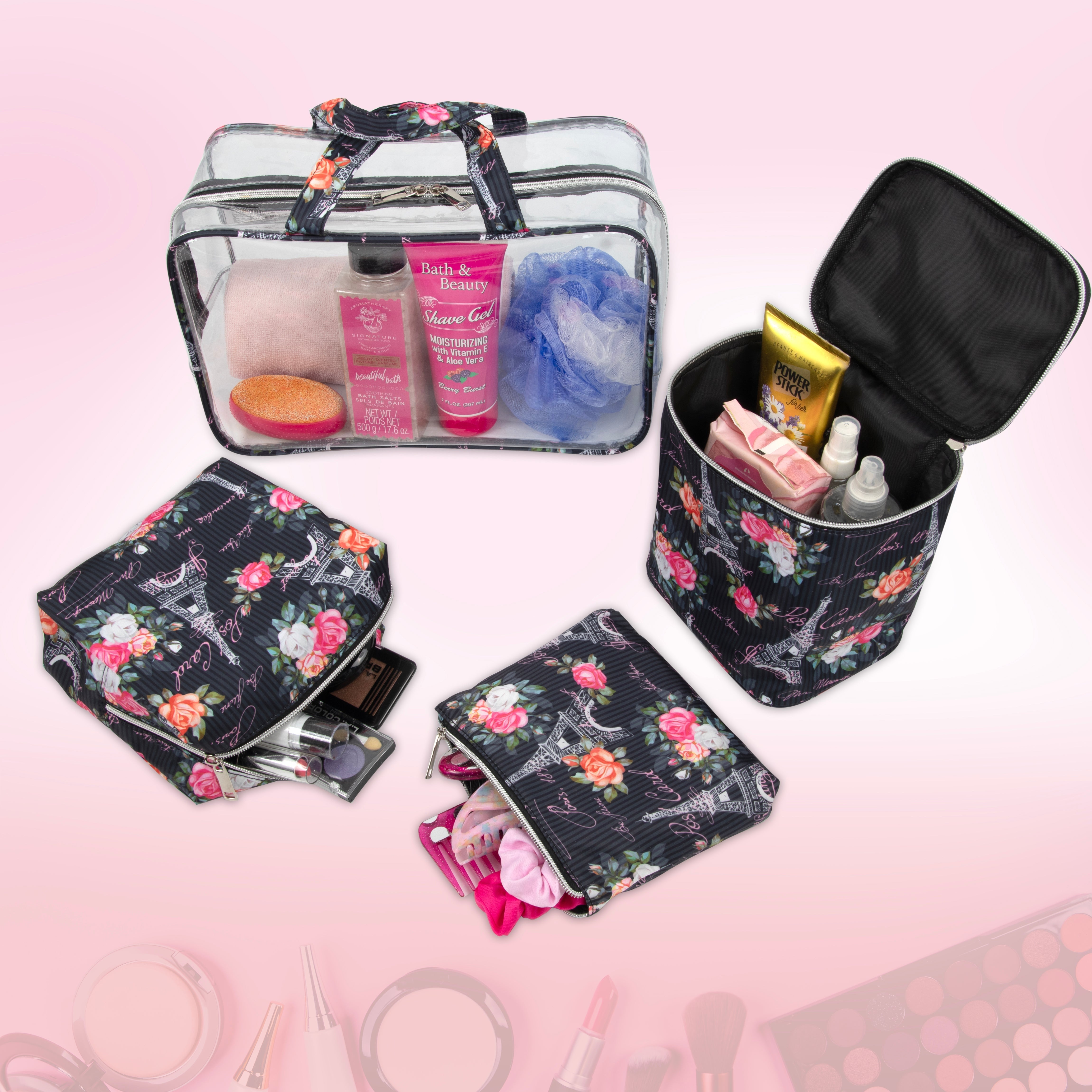 Travel Bag Makeup Cosmetic Set Clear Black Floral 4 Piece - Image 3