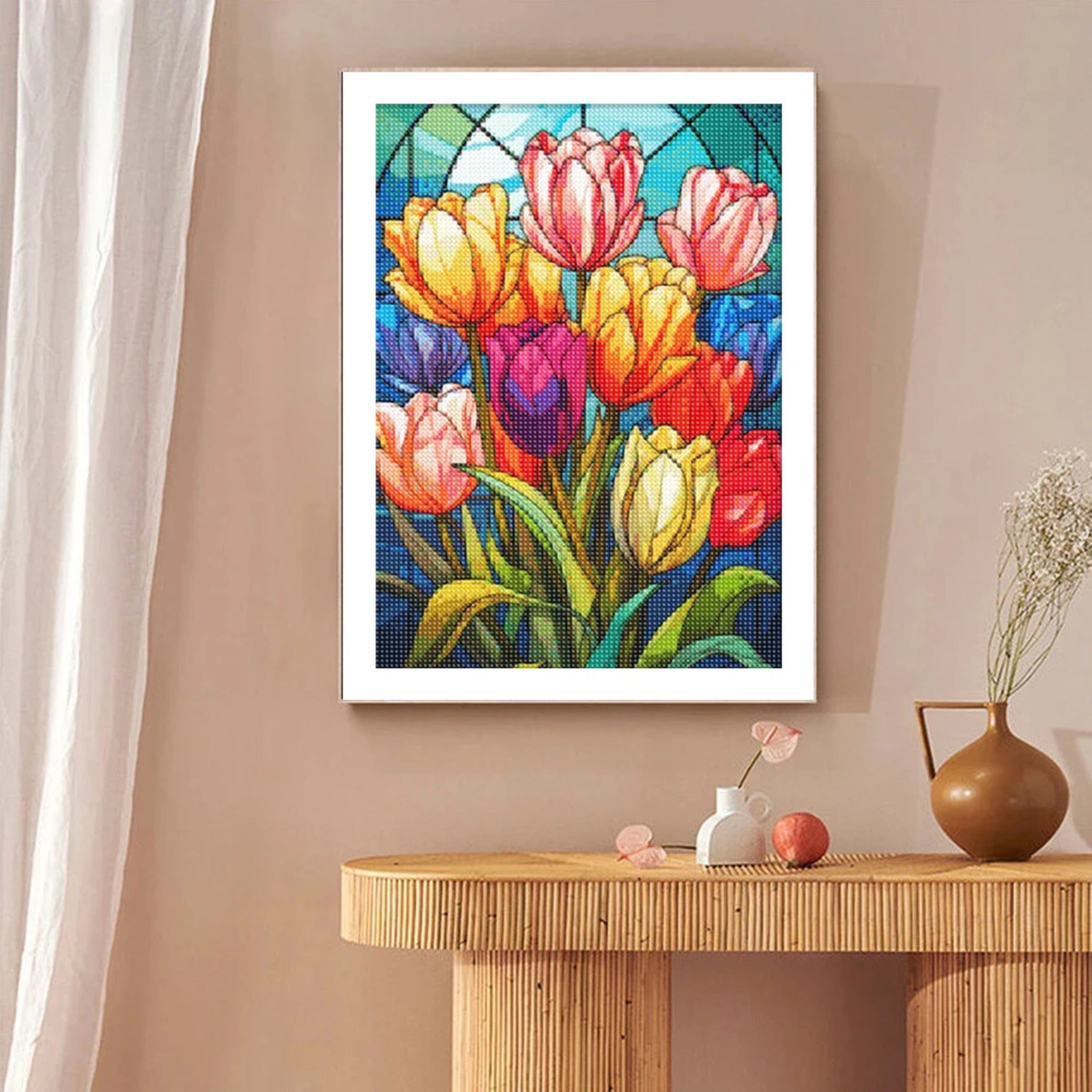 Tulip diamond painting framed on a wall