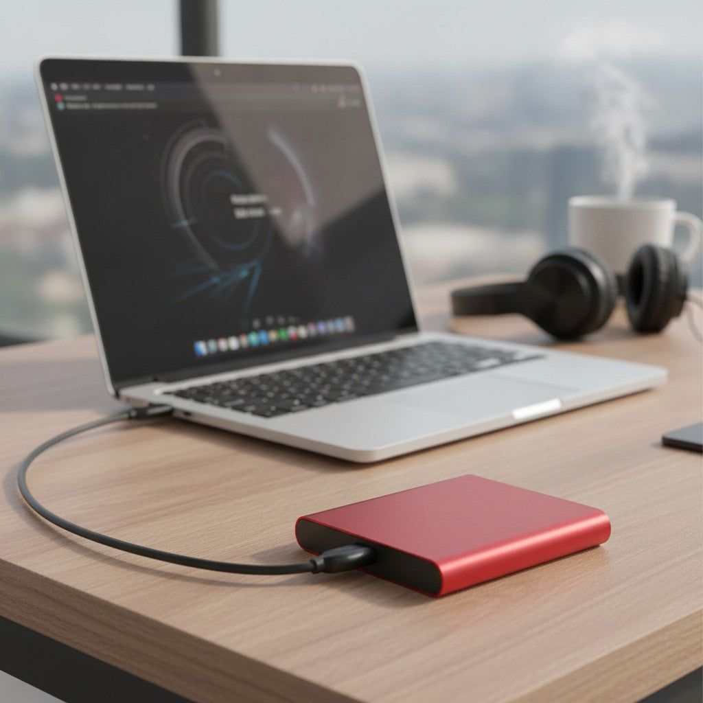 portable ssd drive in use, lifestyle scene