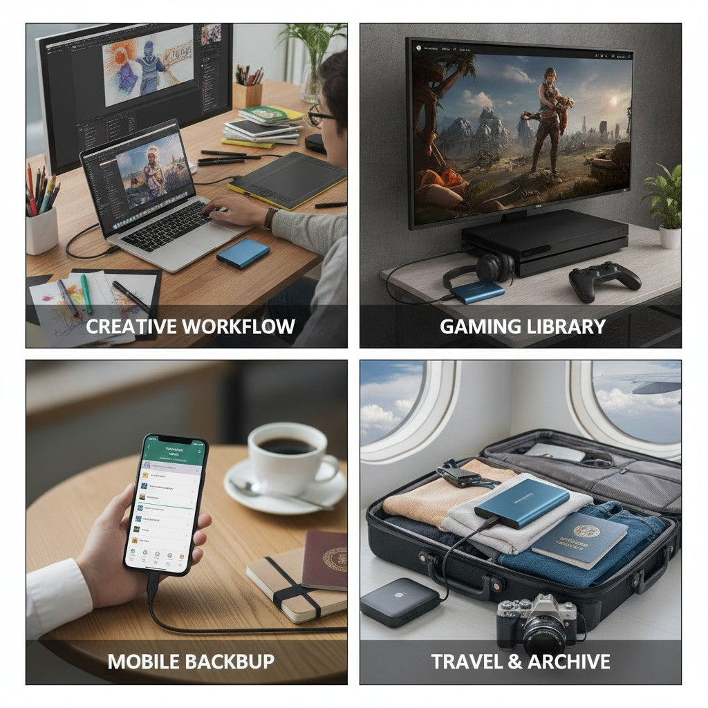 portable ssd drive shown in multiple settings