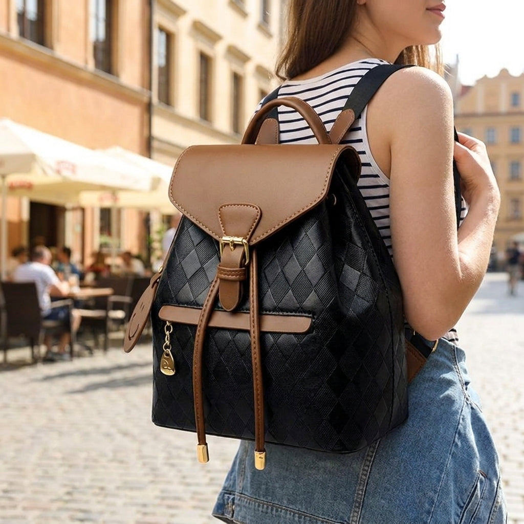 Women's Backpack Stylish Fashion Drawstring Flap Closure Smiley Charm - Image 3