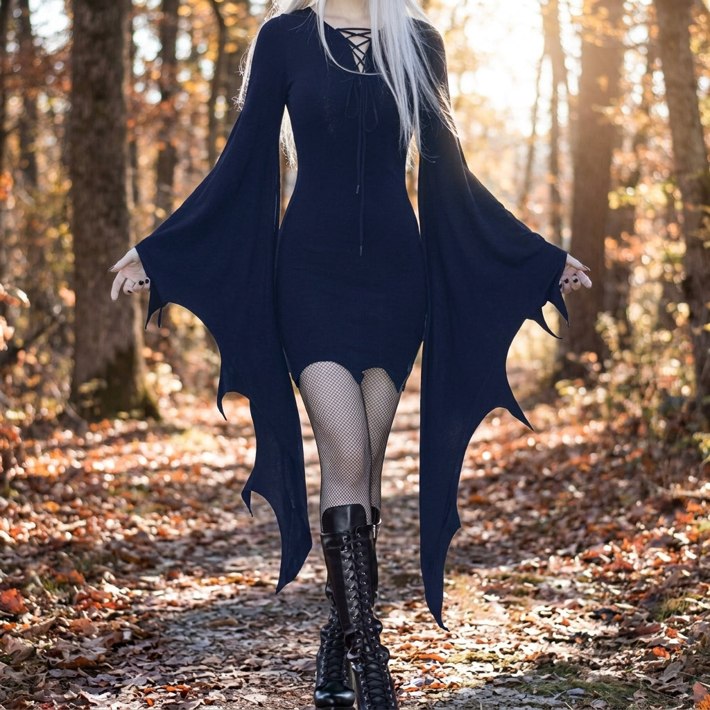 Halloween Costume Gothic Party Dress Women Mini Bell Sleeve - Image 1
