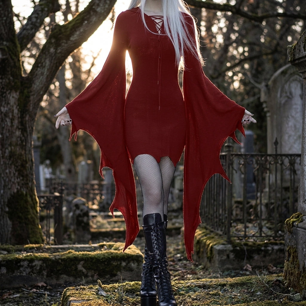 Halloween Costume Gothic Party Dress Women Mini Bell Sleeve - Image 4