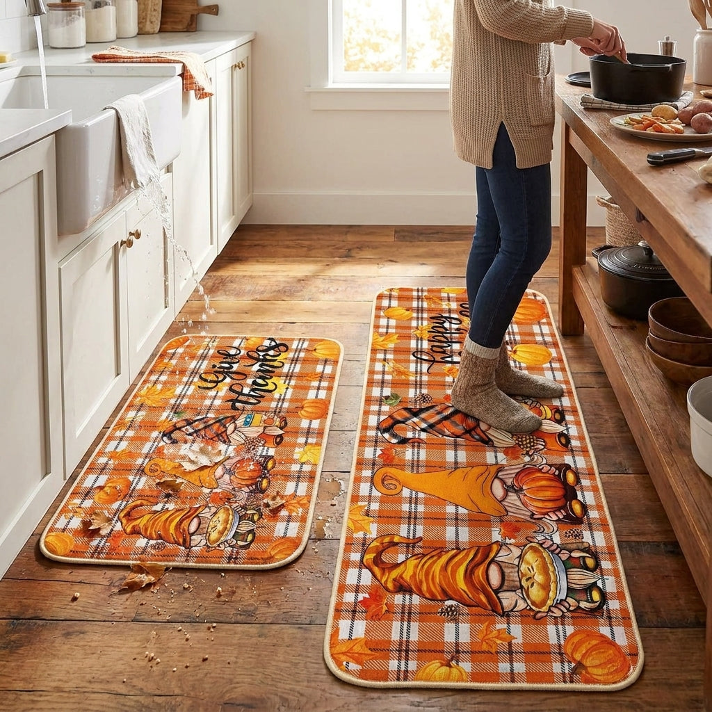 Fall Decor Kitchen Rug Set Non-Slip Orange Plaid Floor Mat - Image 4